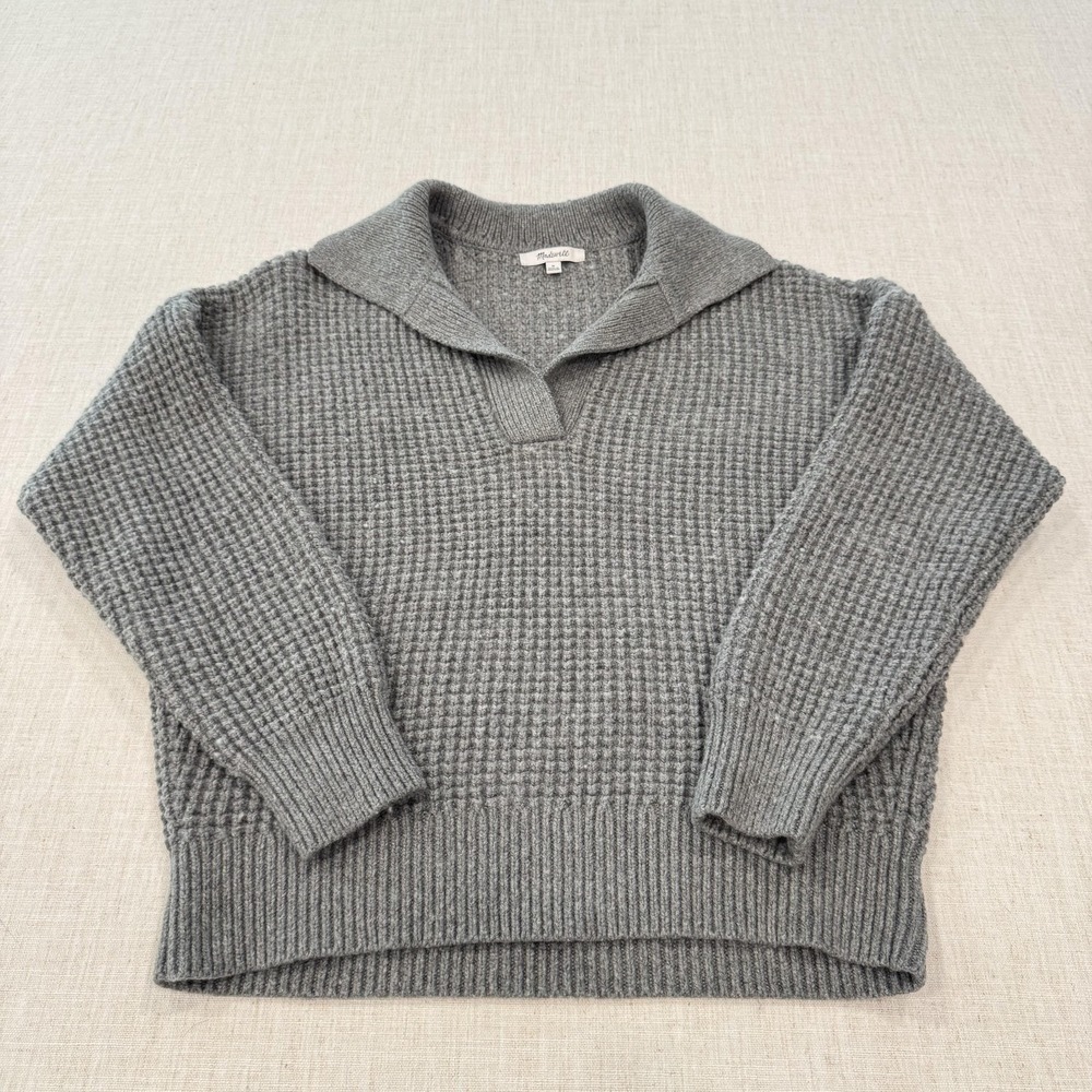 Madewell Sweater Womens Medium Gray Waffle Knit Henley Pullover Wool Blend
